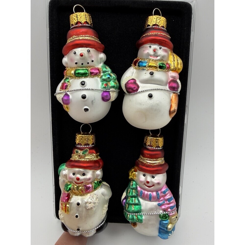 Unique Treasures Blown Glass Snowmen Ornaments Set Of 4 Christmas Glitter 2.5”